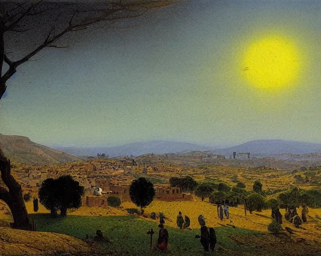 Prompt: view over a village in the countryside of Morocco, sunset in spring, by Caspar David Friedrich