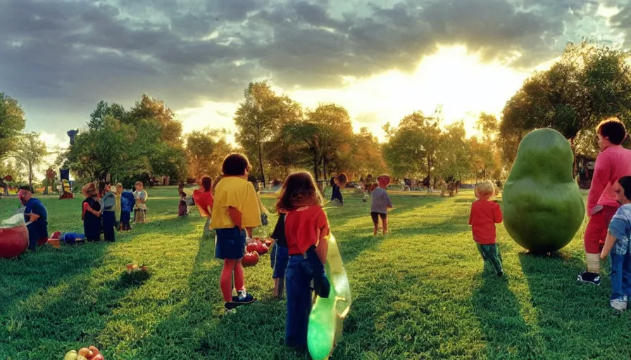 Image similar to 1990s candid photo of a beautiful day at the park, cinematic lighting, cinematic look, golden hour, large personified fruit people, Enormous fruit people with friendly faces and hands, kids talking to fruit people, did I mention the fruit people enough? UHD