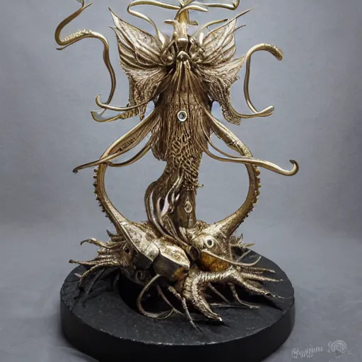 Image similar to angelarium, illithid, cthulhu, white with gold accents, sculpture by ellen jewett, black background