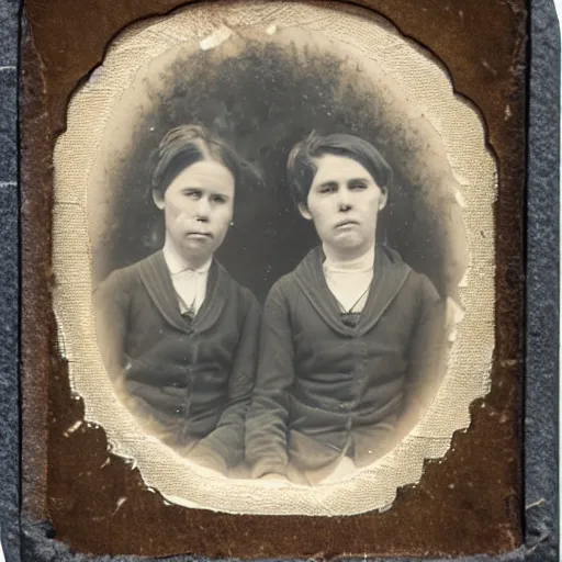 Prompt: tintype photo of two twins facing each each