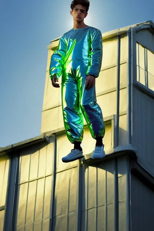 Image similar to un ultra high definition studio quality photographic art portrait of a young man standing on the rooftop of a british apartment building wearing opaque soft inflatable padded iridescent refractive utility clothing. three point light. extremely detailed. golden ratio, ray tracing, volumetric light, shallow depth of field. set dressed.