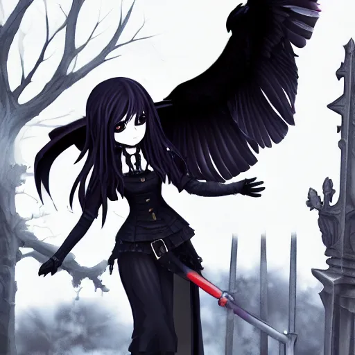 a gothic anime girl and her pet raven raven haunting, Stable Diffusion