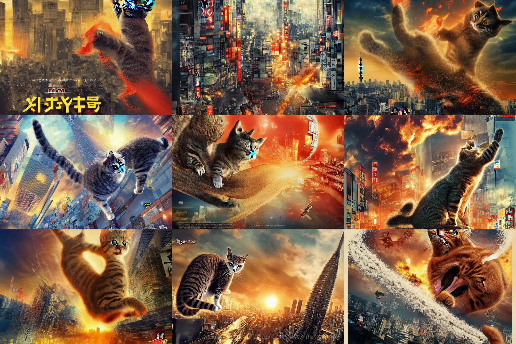 Image similar to cat attacking Tokyo, disaster movie poster, masterpiece, masterwork, cgstudio