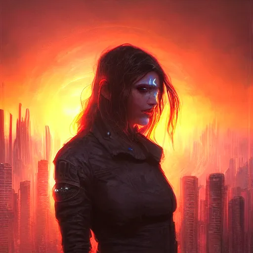 Image similar to neuromancer, closeup portrait of a young beautiful cyberpunk woman, eye implants, sunset, cyberpunk city background, megacity, gorgeous view, depth, painted by seb mckinnon, high detail, digital art, painted by greg rutkowski, trending on artstation