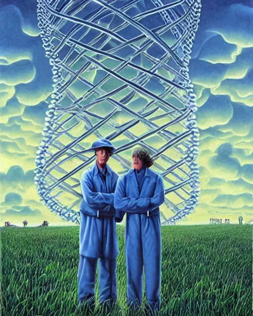 Image similar to in a field, two scientists in lab coats encounter a monster shaped like the DNA double helix, stormy weather, by Rob Gonsalves, dark