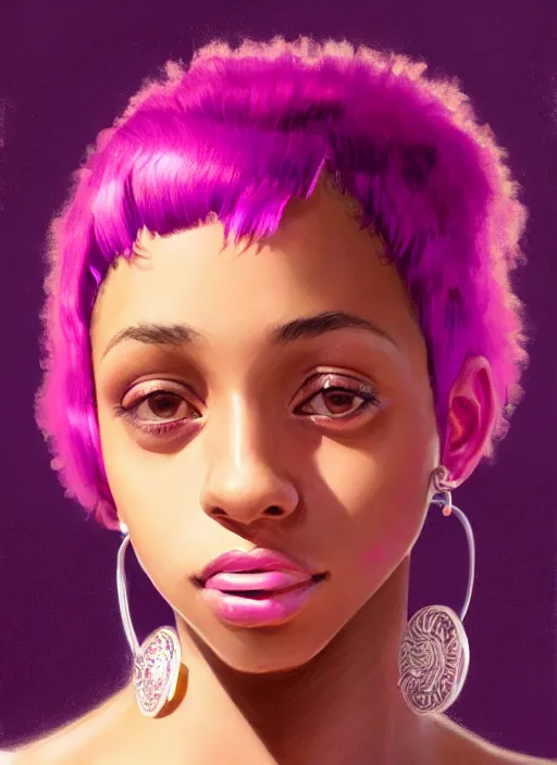 Image similar to portrait of teenage vanessa morgan with bright pink hair, black girl, curly pixie cut hair, wearing a purple breton cap, breton cap, hoop earrings, intricate, elegant, glowing lights, highly detailed, digital painting, artstation, concept art, smooth, sharp focus, illustration, art by wlop, mars ravelo and greg rutkowski