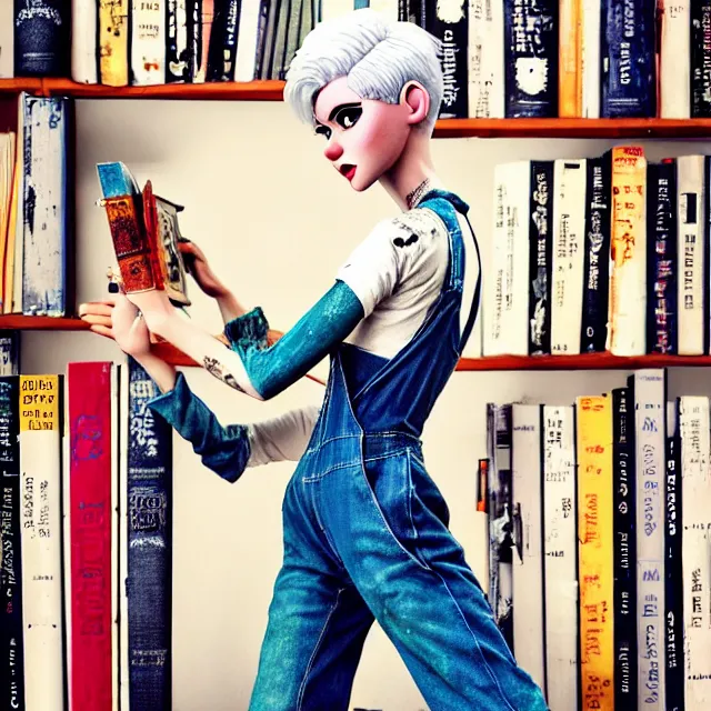 Image similar to full body pose, beautiful adult book fairy, pixar, short white hair shaved sides, dirty, grungy, grunge, long sleeve, painted overalls, stacks of giant books, highly detailed, 4 k, hdr, smooth, sharp focus, high resolution, award - winning photo, artgerm, photorealistic