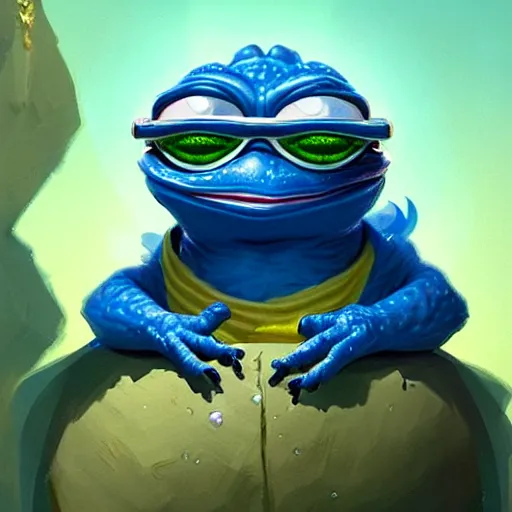 Image similar to super rich happy pepe, luxury, blue crystals, greg rutkowski