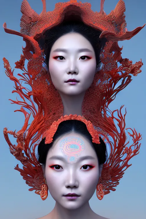 Image similar to 3 d goddess medium shot profile portrait. beautiful intricate highly detailed korean gumiho mask and traditional korean hanbok. stingray, magpie, bio luminescent, plasma, lava, ice, water, wind, creature, volumetric lighting, artwork by tooth wu and wlop and beeple and greg rutkowski, trending on artstation,