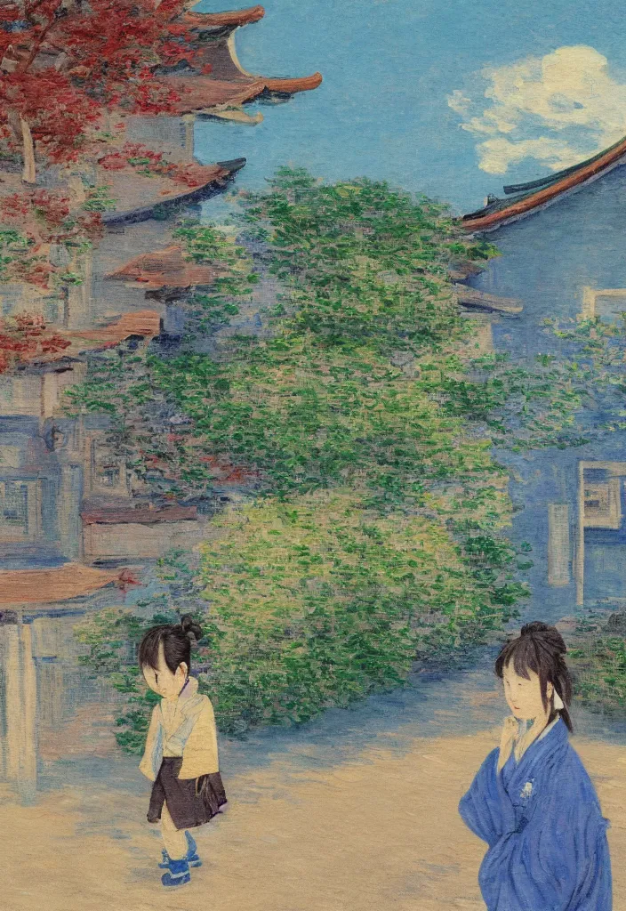 Image similar to tiny samurai in front of a futuristic japanese country side landscape, edo era house in the background, blue sky, magnificient clouds, lofi vibe, vivide colors, amazing light, really beautiful nature, oil painting, impressionist style, by claude monet, by ghibli, kandinsky touches, multiple brush strokes, masterpiece