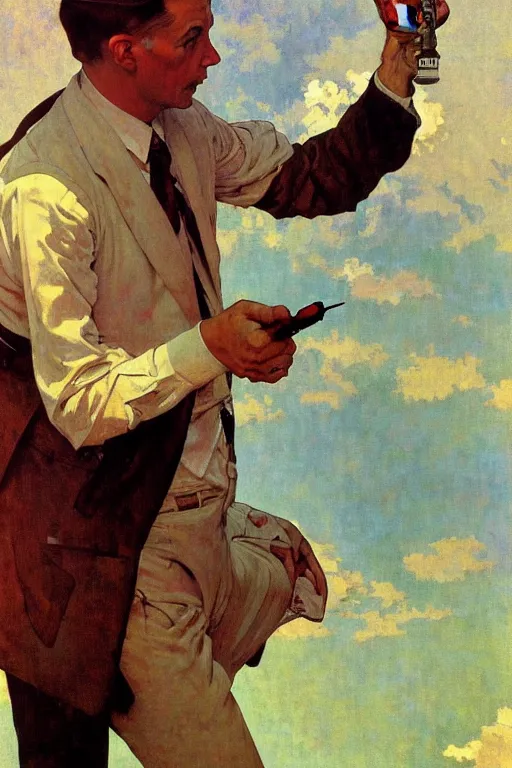 Prompt: white man pointing at the time, late afternoon, sci - fi, digital painting, artstation, expressive oil painting on canvas, norman rockwell, alphonse mucha