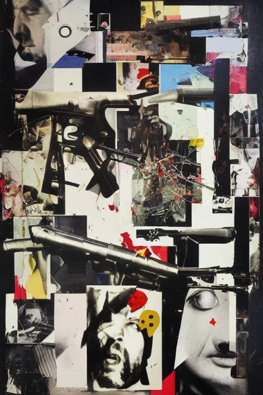 Image similar to life without ammo by richard hamilton and mimmo rotella and violet polsangi, photo realistic, pop art, incrinate, sharp focus, symmetrical, pararel, justify content center, random content, balance and proportional, cleanest image, white frame border