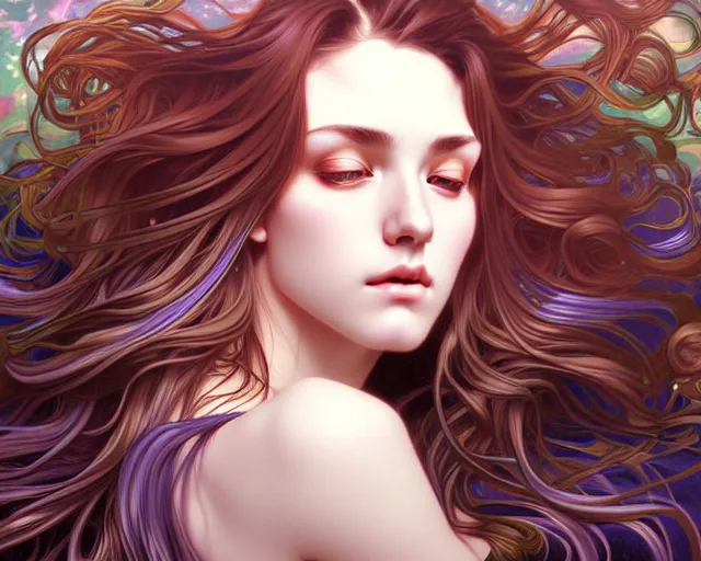 Image similar to overlord, psychedelic flowing hair, close eyes, portrait, highly detailed, deep focus, elegant, digital painting, smooth, sharp focus, illustration, ultra realistic, 8 k, art by artgerm and alphonse mucha