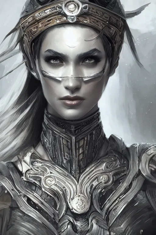 Image similar to three-quarters portrait pose of a beautiful woman, slim body, shining armor, human warrior, fantasy, intricate, elegant, highly detailed, digital painting, artstation, concept art, matte, sharp focus,D&D, illustration, art by Stanley Lau