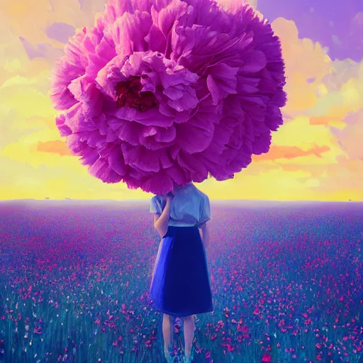 Image similar to girl with a giant carnation head, surreal photography, flower field, sunset dramatic light, impressionist painting, colorful clouds, blue sky, digital painting, artstation, simon stalenhag