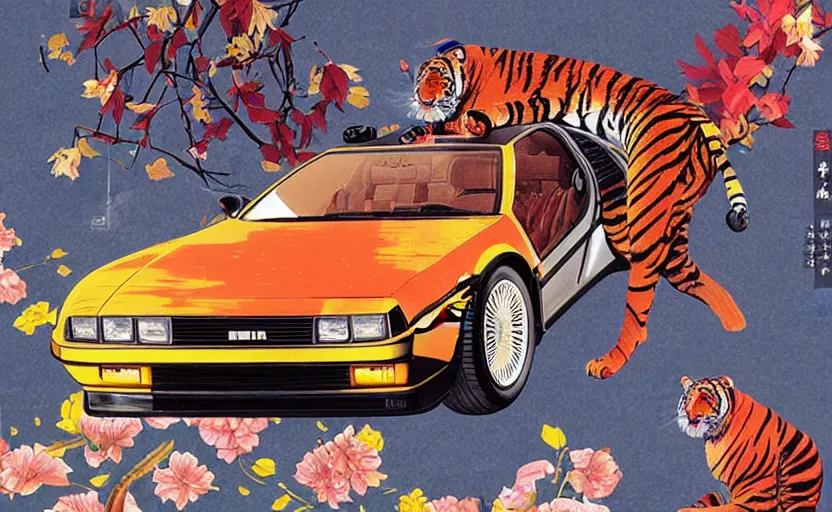 Image similar to a red delorean with a yellow tiger, art by hsiao - ron cheng and utagawa kunisada in a magazine collage, # de 9 5 f 0