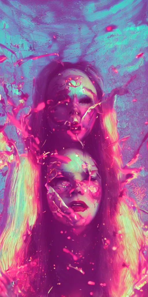 Image similar to impossibly beautiful female retro horror movie slasher villain, summer camp, complexity, horror, psychedelic glitch art, rainbow drip paint, trending on art station, photoreal, 8k, octane render
