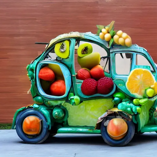 Prompt: a car made of fruits