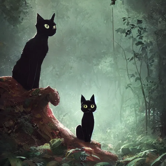 Image similar to a beautiful painting of a cute black cat in a forest. pixar character design by cory loftis, fenghua zhong, ryohei hase, ismail inceoglu and ruan jia. artstation, volumetric light, detailed, photorealistic, rendered in octane