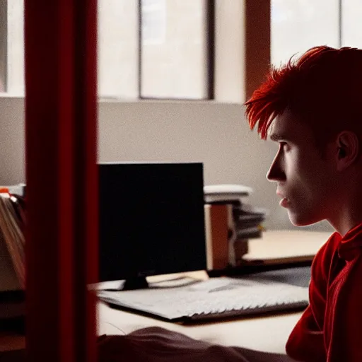 Prompt: a teenage boy red-haired long-haired, sitting at a desk with a computer, in a white room, Greg Rutkowski, 8k, sharp focus, thrid person POV