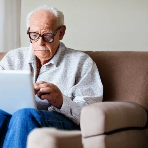 Image similar to elderly man sitting inside a casket browsing internet on laptop from a casket casket