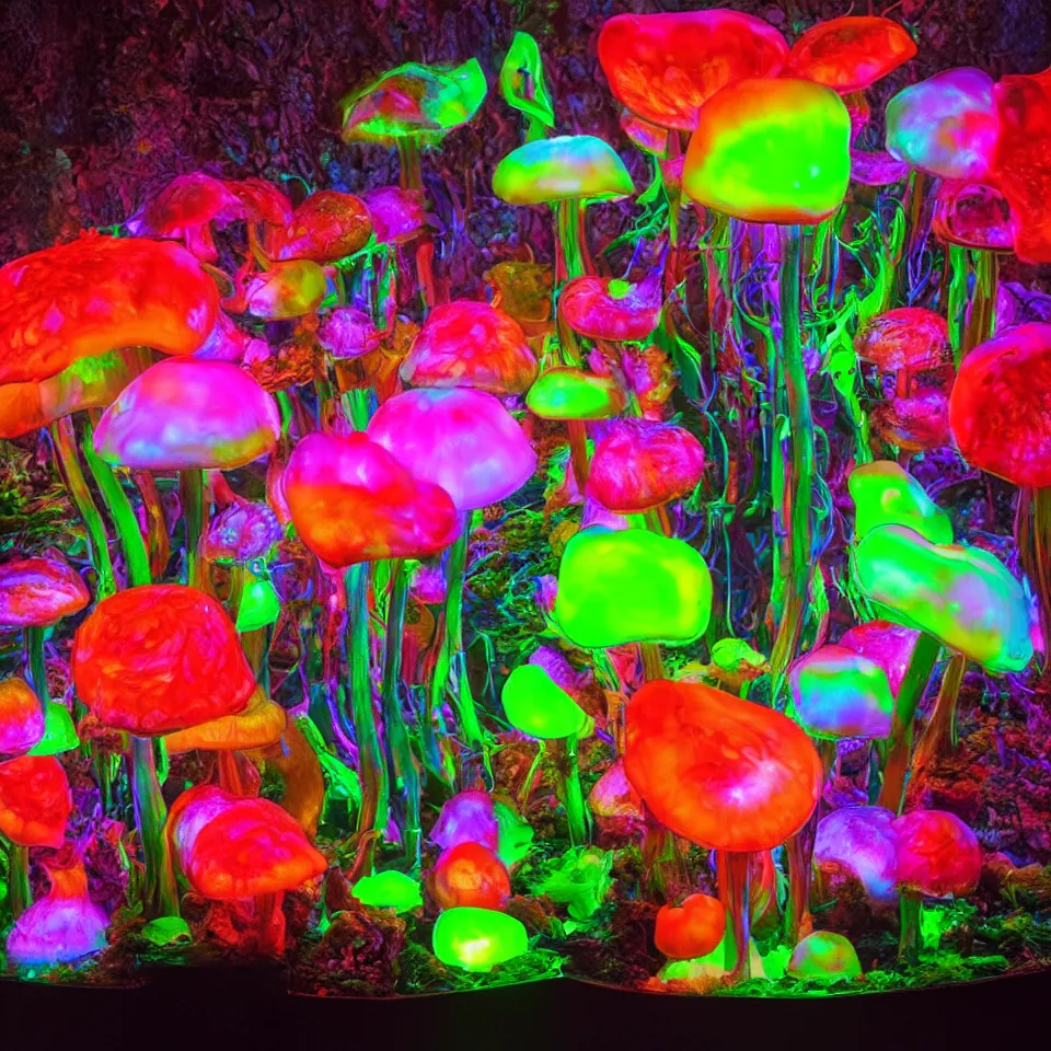 Prompt: a bioluminescent parametric mushroom with veins, deep color, hyperrealistic, lava lamp styling, jeff koons, chihuily