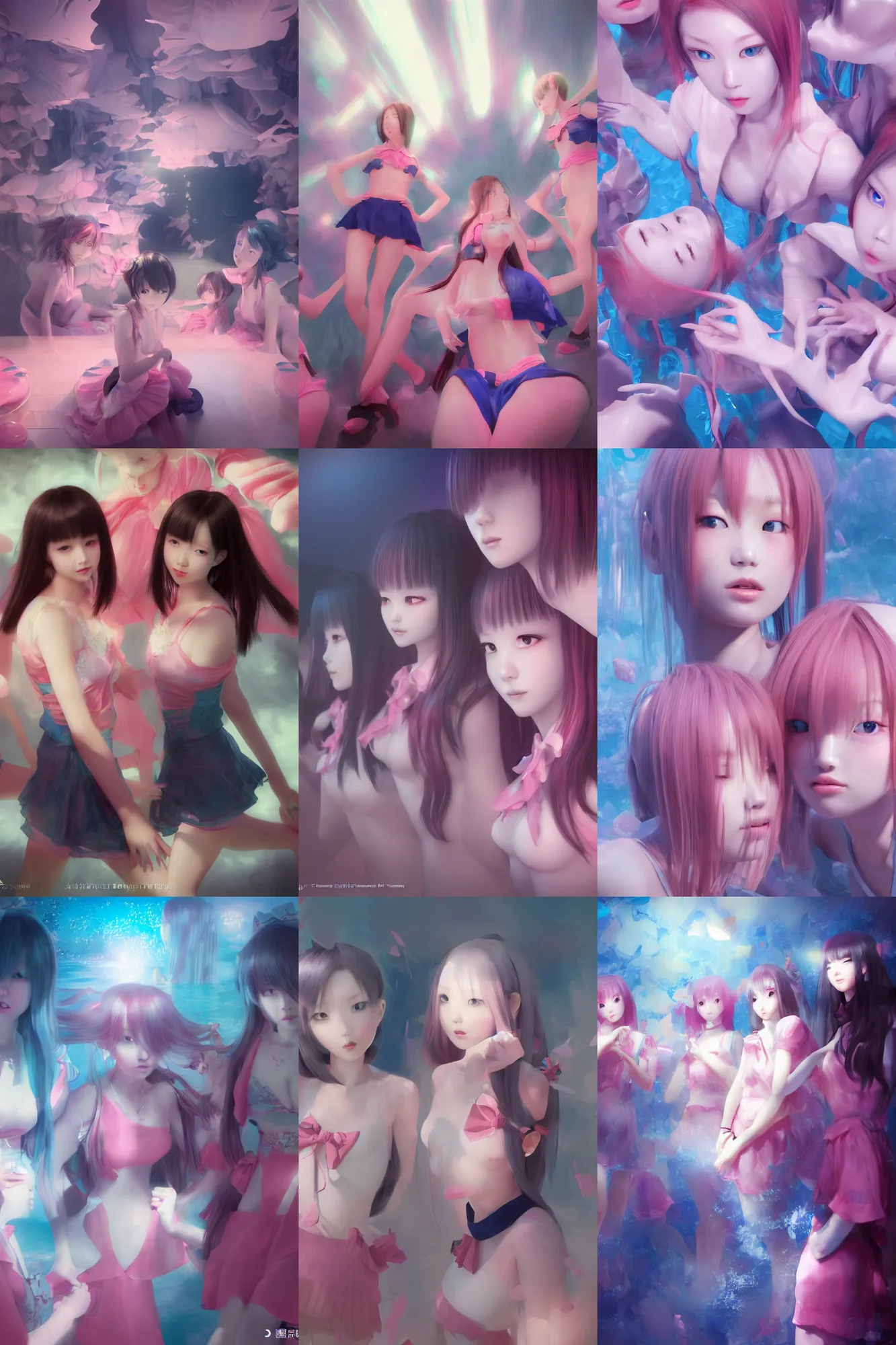 Prompt: 3d dark infrared octane render concept art by D. Jun, by Mo Xiang Tong Xiu, by Igarashi Daisuke, beauty portrait anime schoolgirls under dark pink and blue water. cute face. complex mirror room. dramatic light, trending on artstation.