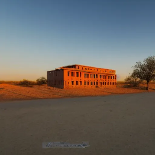 Prompt: Photograph of a generic soviet communist residential block standing lonely in a desert, dawn