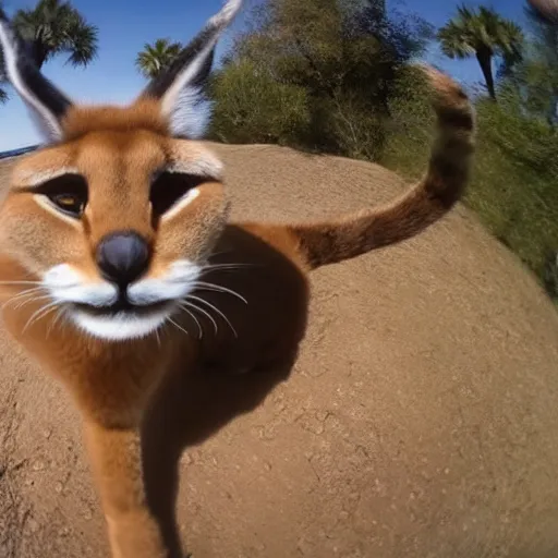 Image similar to gopro photo of a cute fluffy caracal surfing,