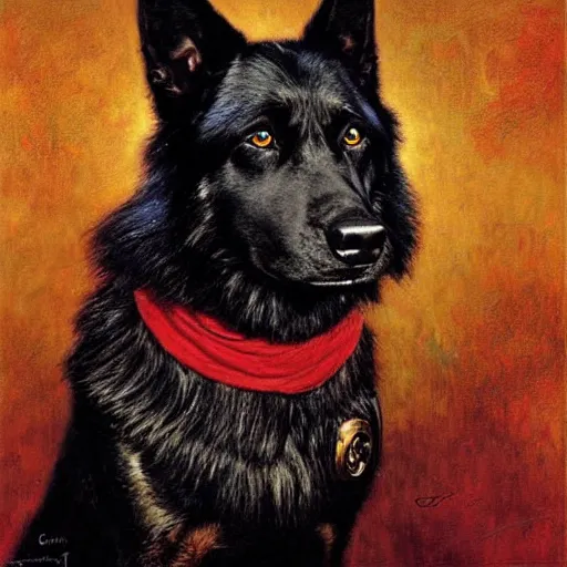 Image similar to a portrait of a black german shepard dogman canine with human eyes and mouth star trek captain red shirt. highly detailed painting by gaston bussiere craig mullins jc leyendecker gustav klimt artgerm greg rutkowski