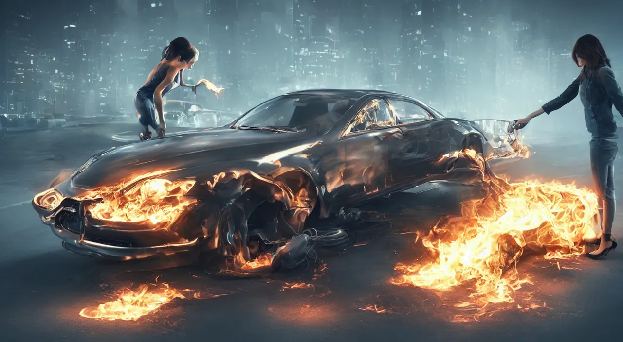 Prompt: o beatifull woman trying to turn on a car while the car is on fire, trending on cgsociety and unreal engine，light effect，highly detailed，super wide angle，