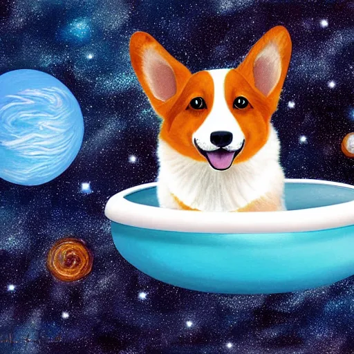 Image similar to surreal digital painting of a corgi floating in space