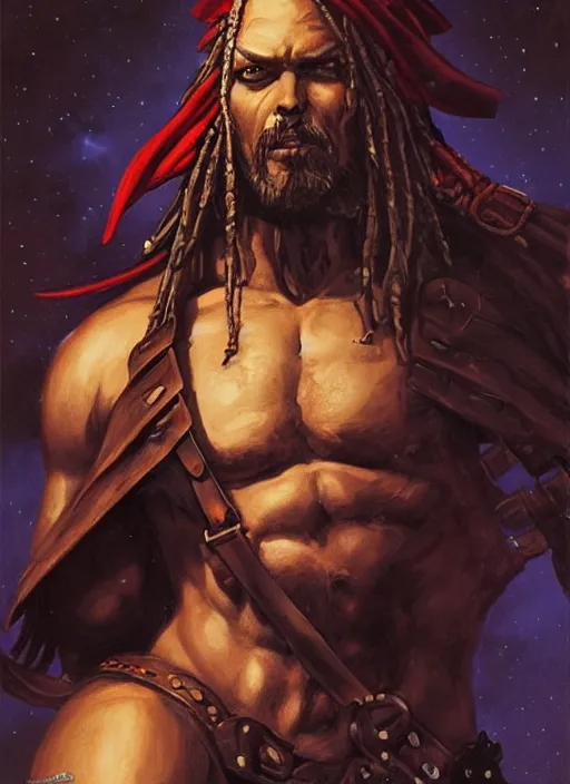 Image similar to portrait of muscular pirate, night sky background, coherent! by brom, deep color, strong line, high contrast