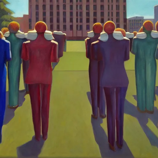 Image similar to robot druids in a grand processional, capital plaza, grant wood, pj crook, edward hopper, oil on canvas