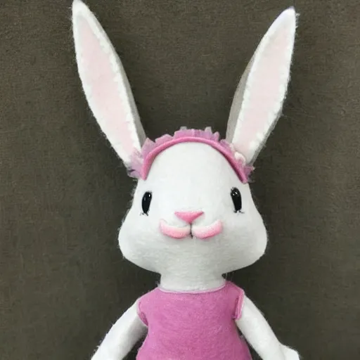 Image similar to a cute elegant felt plush doll of a rabbit wearing overalls detailed highly realistic