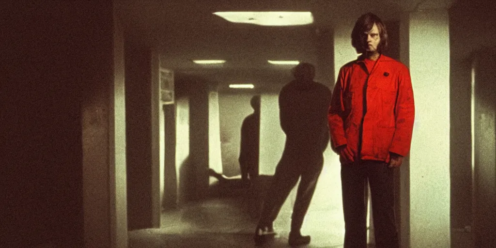 Image similar to screenshot portrait of Mark Hammil standing alone in the a sci fi minimal dirty Temple, 1970s thriller by Stanely Kubrick film, color kodak, Ektachrome, anamorphic lenses, detailed faces, hyper-realistic, photoreal, detailed portrait, moody cinematography, strange lighting