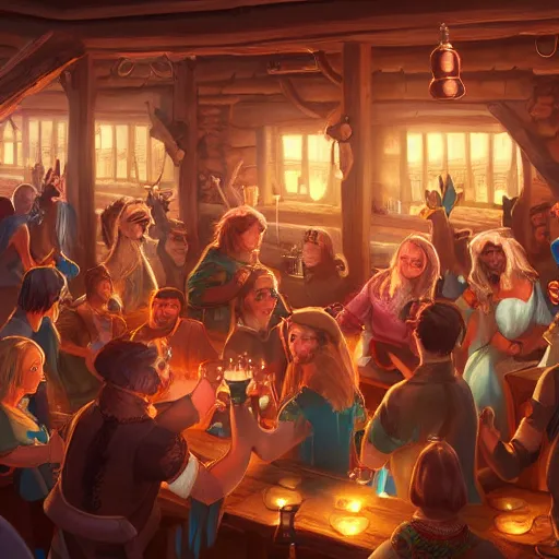 Prompt: a crowded tavern with candels on the tables, people drinking beer, fantasy art, trending on Artstation