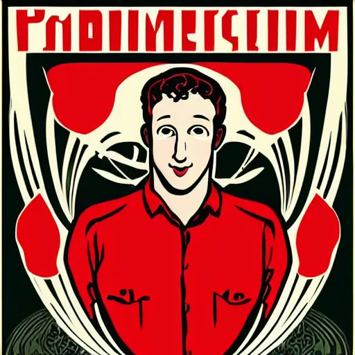 Image similar to art Nouveau style communist propaganda poster of mark zuckerberg