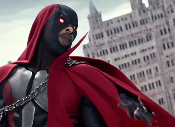 Image similar to film still of michael b jordan as spawn in the new spawn movie, giant chains, large cape, 8 k