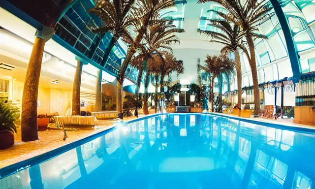 Image similar to indoor pool with ferns and palm trees at night, shops, pool tubes, chromatic abberation, dramatic lighting, dim lighting, horror lighting, depth of field, 80s photo, wideangle, fisheye