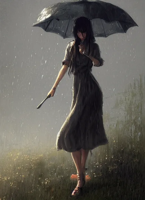 Image similar to dokkaebi in a sundress in the rain with an umbrella by greg rutkowski