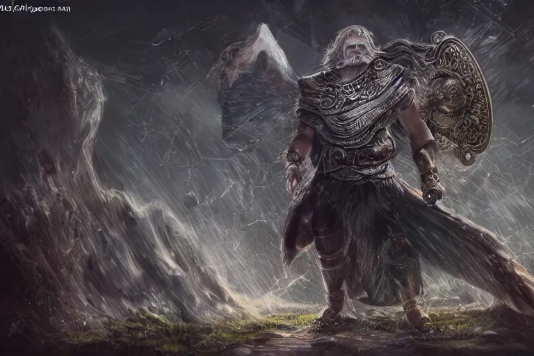 Image similar to mythological Odin all father god of thunder and artificial intelligence creating the first artificial neural network with synapses on an anvil in the ethereal city of valhalla, high resolution, award winning art, trending on art station, sharp image, incredibly detailed, odin all father detailex character