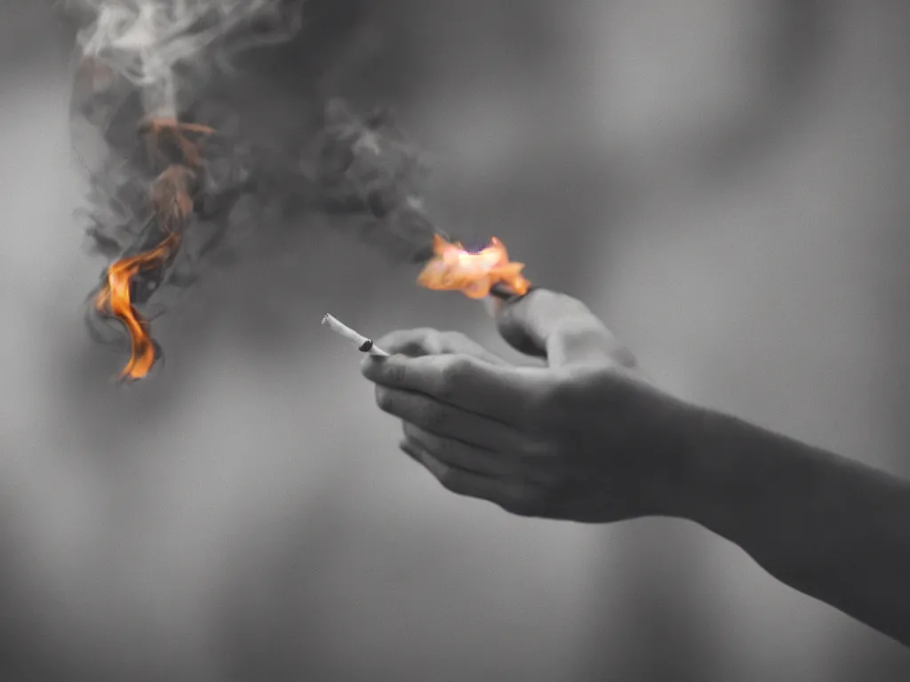 Prompt: Close-up view of hyperrealistic thin soft hand holding cigarette with smoke, hyper realistic photo, 4K