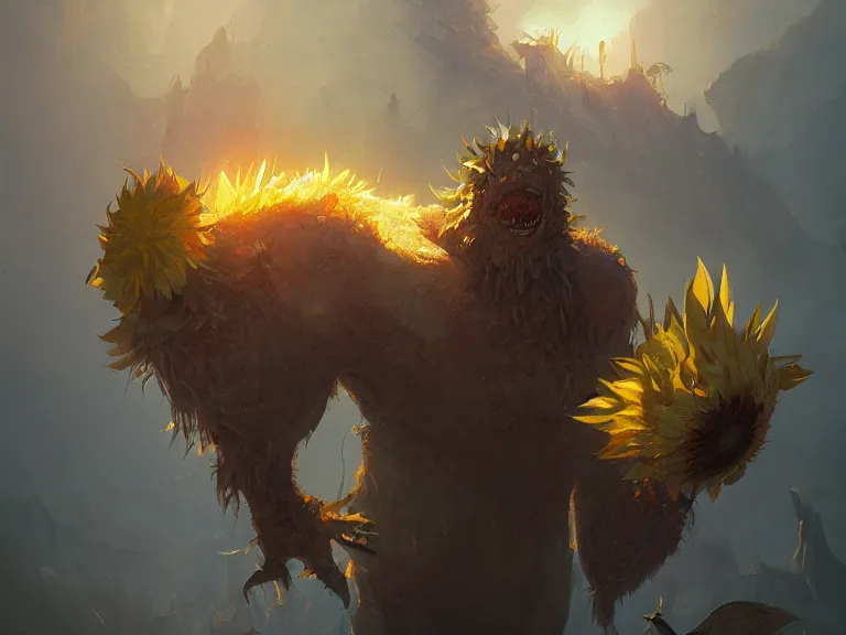 Prompt: sunflower giant monster, concept art by Greg Rutkowski, artstation, cgsociety