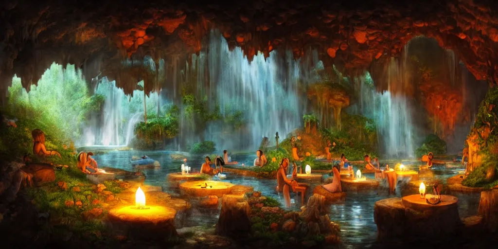 Image similar to detailed interior of cozy hotsprings hidden inside a cave, small waterfalls, lush vegetation, flowers, towels, plates of fruit, candlelight, digital painting, concept art, light shafts, stunning atmosphere, by gerald brom, cinematic lighting