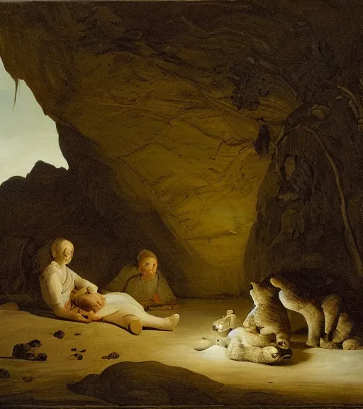 Image similar to looking to a cave with a mother bear and her cubs sleeping in a dark cave, night time, artwork by Pieter Claesz