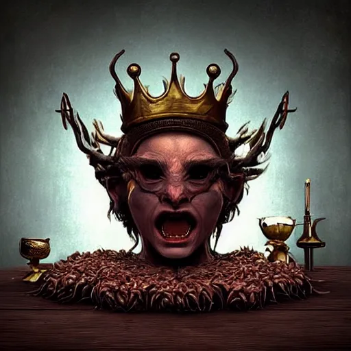 Prompt: ~ ~ a demon!!!!! with a crown!!!!! and white horns sitting on top of a table ~ ~, a character portrait by vladimir kush!, @ zbrush central # contest winner, # fantasy art, @ zbrush, # dystopian art, # rococo