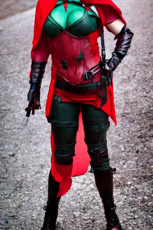 Image similar to red hood cosplay, creepy, disturbing, bloody, femenine body, grainy