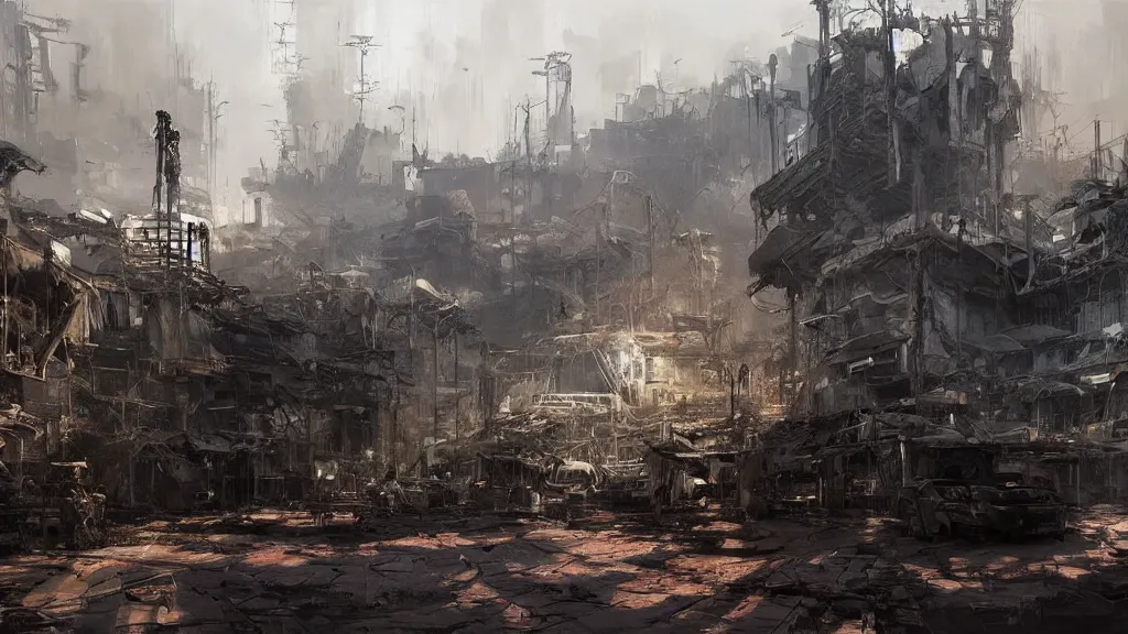 Image similar to post - apocalyspe settlement with houses, hydroponic farms, painted by tsutomu nihei, painted by craig mullins, painted by greg rutkowski