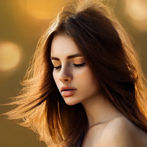 Image similar to a very beautiful still of a beautiful brown - haired woman with her head leaning backwards, golden, eyes closed, front shot, very close - up, hyper detailed, high contrast, bokeh background, realistic, digital art by irakli nadar, sharp focus, golden, delicate, sunlight, dark background, 4 k